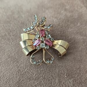 Vintage signed M&S 12K Gold filled Pink and White‎ Rhinestone Brooch or Pendant